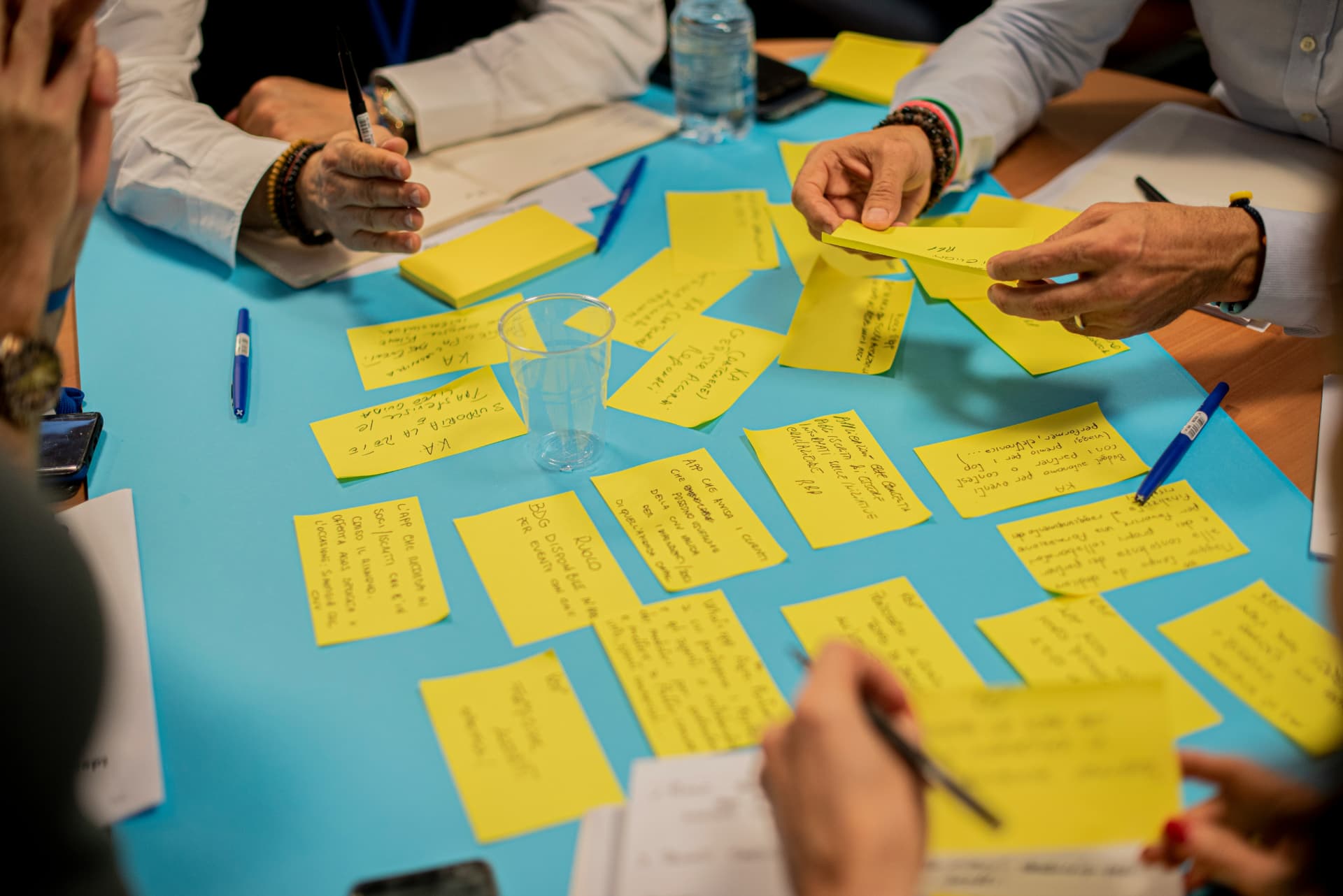 Team mapping strategic priorities with sticky notes during a facilitated planning workshop