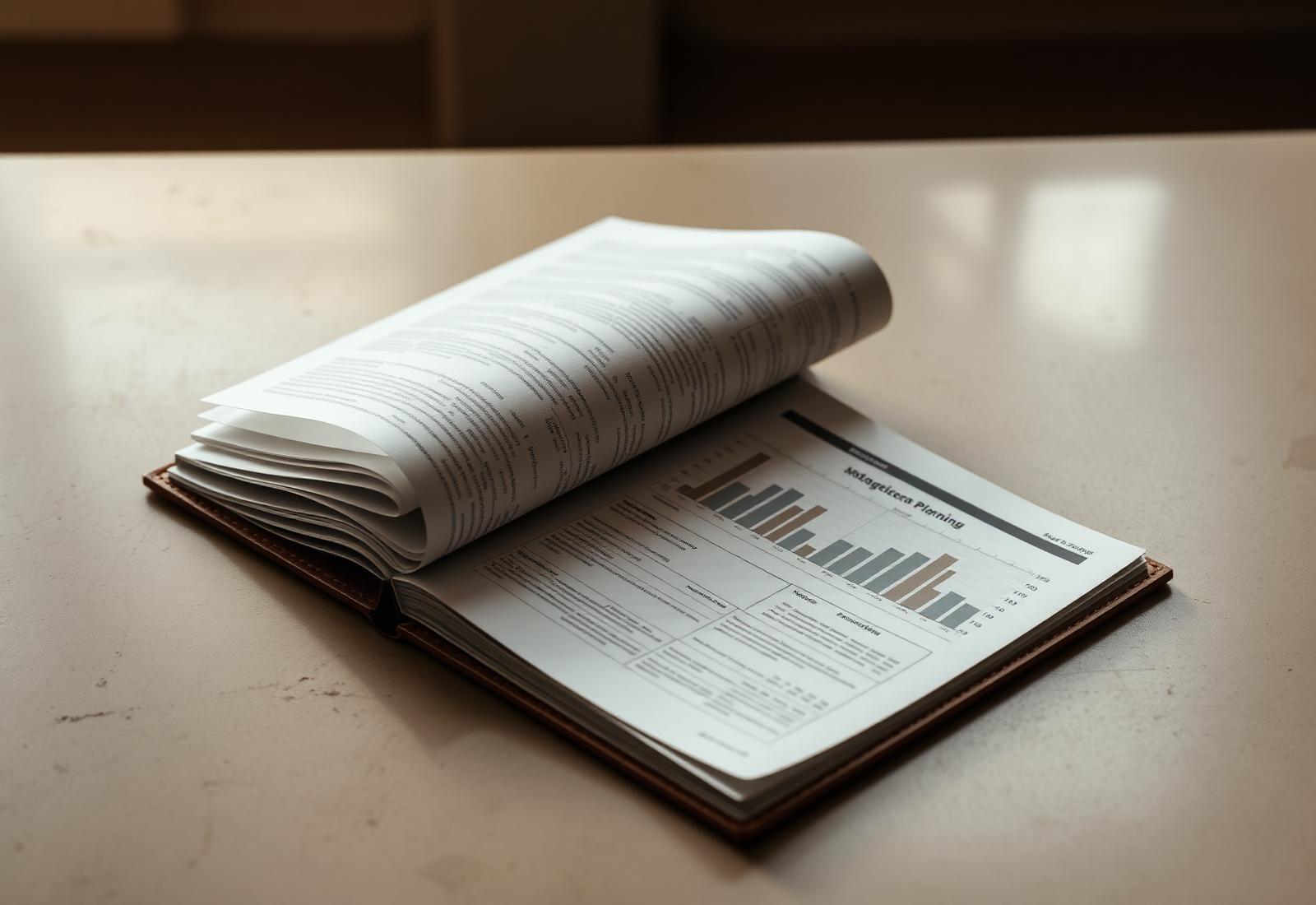 An open strategic planning notebook with printed performance charts on a desk